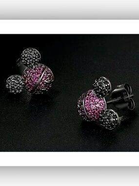 NEW Mickey Mouse Stud Earrings CZ with 925 Sterling Silver Black & Burgundy